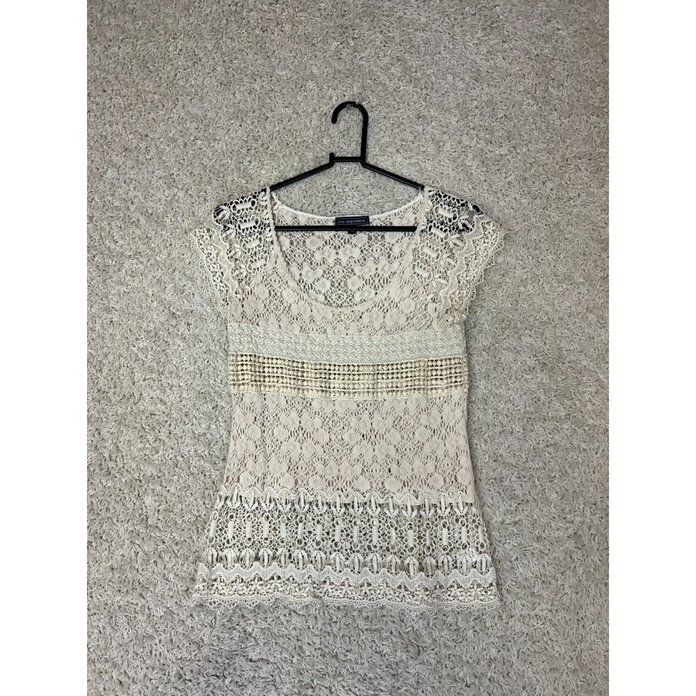 One September Boho Top Womens Small Ivory Open Knit Crochet Coastal Y2K